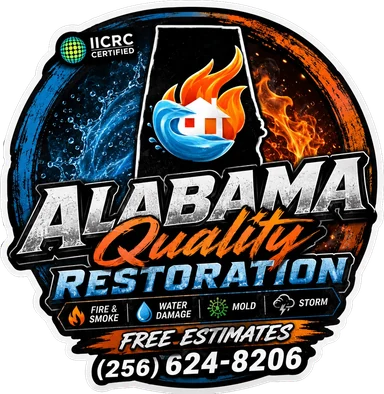 Alabama Quality Restoration logo: water, fire, mold and storm, free estimates