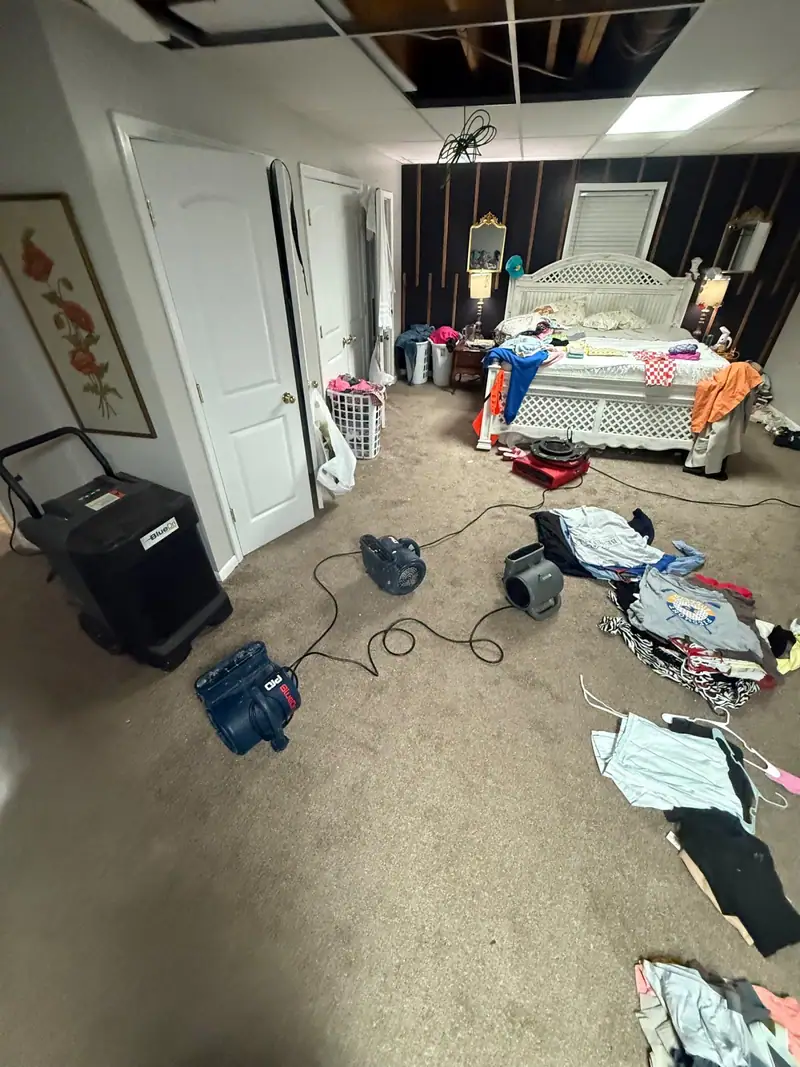 Air movers and a dehumidifier drying a carpeted bedroom, basement ceiling tiles pulled
