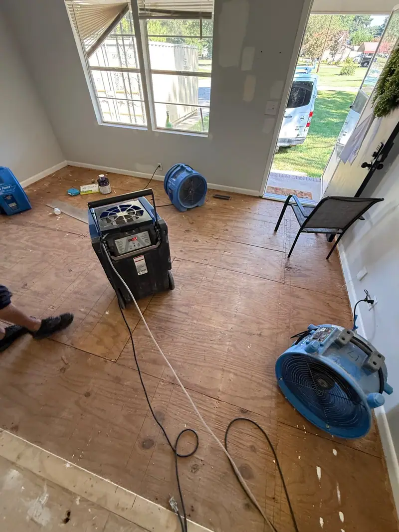 Air movers and a dehumidifier drying a front room down to the plywood subfloor