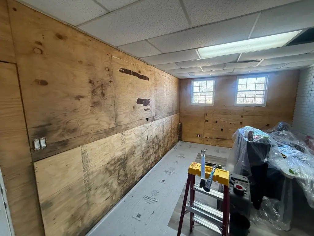 Water-stained wood paneling in a basement before the tear-out