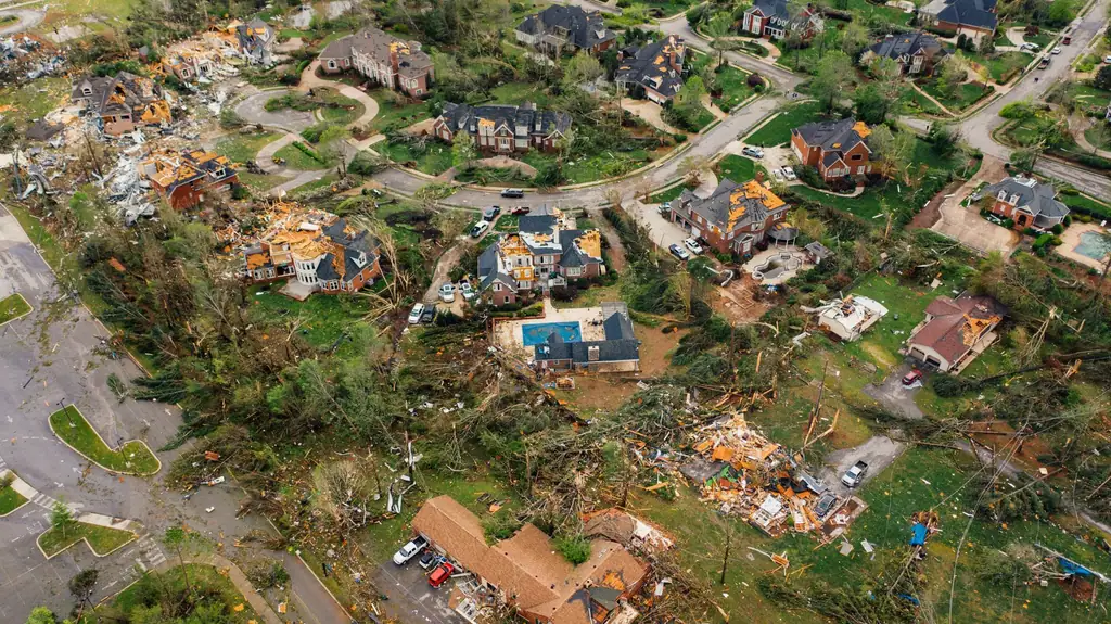 Neighborhood from the air after a tornado, roofs torn and trees down